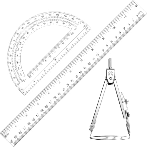 zonon 3 pcs plastic ruler 6 inch protractor drawing compass set student geometry math transparent measuring tools for home school classroom office supplies12 inchclear
