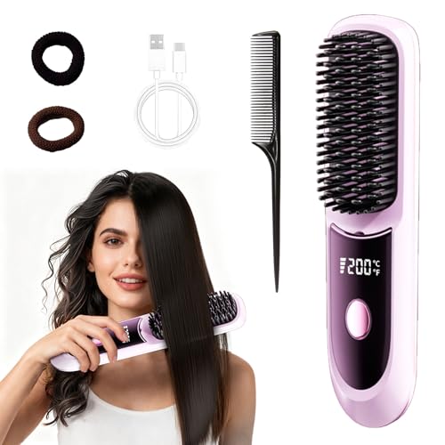 Cordless Versatile Straightener Brush, Fast Heating 20s, 3 Temp Settings 160°C/180°C/200°C, USB-C Rechargeable, Portable for Travel, Home & Vacation (Purple)