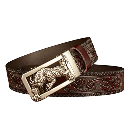 Men's Floral-Embossed Western Leather Belt - Adjustable With Click Sliding Tiger Engraved Buckle