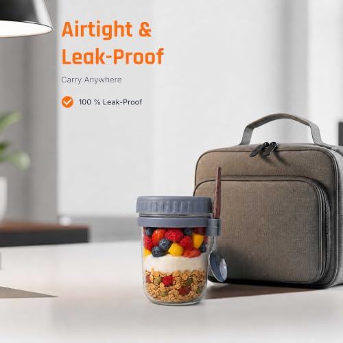 Image of Glass Mason Jars for Overnight Oats, 340 ml, Set of 2 | Leakproof, Airtight & Wide-Mouth Containers with Lids and Spoons | Thick Food-Safe Glass for Yogurt, Cereal and Snacks | Thick food-safe glass with airtight silicone seals and wide mouths for fresh, mess-free meals at home or on the go.
