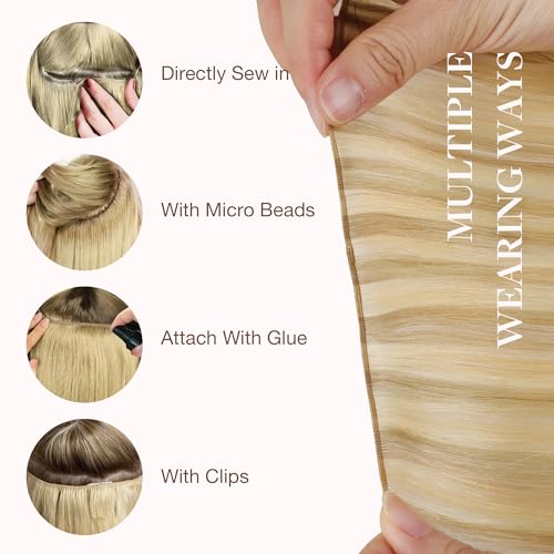 Image of GOO GOO Genius Weft Hair Extensions Human Hair, Sew In Hair Extensions Rooted Remy Weft, 18D /22F Dirty Blonde Highlights 24inch 60g, Hand Tied Weft Hair Extensions