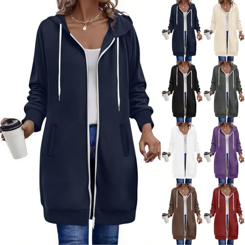 Generisch Winterjacke Damen Lang Sweatjacke mit Kapuze Casual Einfarbig Hoodie Herbst Winter Übergangsjacke Zipper Kapuzenjacke mit Taschen Locker Kapuzenpullover Leichte Jacke Mantel