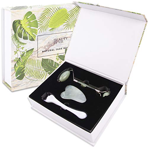 Jade Roller Ice Roller and Gua Sha by Beauty Flair - Use Jade Ice Combo to Magnify Results - Eye Roller and Face Roller- Luxury Box Robust Design Eye Bags Dark Circles Lymphatic Drainage