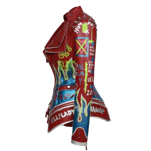 Fashion SX Women's Punk Floral Embroidered short Faux Leather Jacket Hand-painted Moto PU Coat3