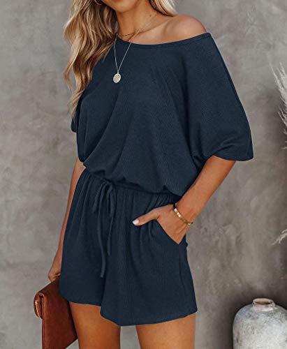 Lacozy Women's 2023 Summer Short Sleeve Off The Shoulder Rompers Casual Shorts One Piece Overall Jumpsuits Navy Blue L #TOP2