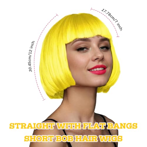 Image of LIULIUBTY Short Bob Hair Wigs Straight with Flat Bangs Synthetic Colorful Cosplay Daily Party Neon Wig for Women with Wig Cap 12 inch Natural As Real (Yellow)
