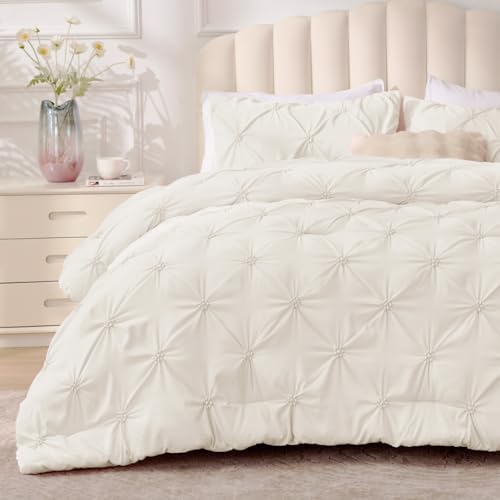 Image of BEDELITE Queen Comforter Set Cream White,Lightweight & Soft Comforter | Pintuck Boho Bedding, Warm & Cute Bed Set for All Season,With 2 Pillowcases