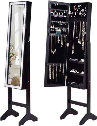 RELAX4LIFE Armoire à Bijoux sur Pieds avec Miroir Pleine Longueur HD, Miroir Rangement Bijoux Inclinable avec Cadre Strass, Grande Capacité pour Colliers...