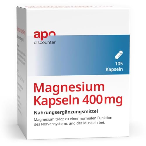 apodiscounter Magnesium Kapseln 400 mg (1x 105 Stück) - Reines Magnesiumoxid - Für Muskeln, Nerven und Energiestoffwechsel - Hochdosiert & Vegan apodiscounter Magnesium Kapseln 400 mg (1x 105 Stück) - Reines Magnesiumoxid - Für Muskeln, Nerven und Energiestoffwechsel - Hochdosiert & Vegan