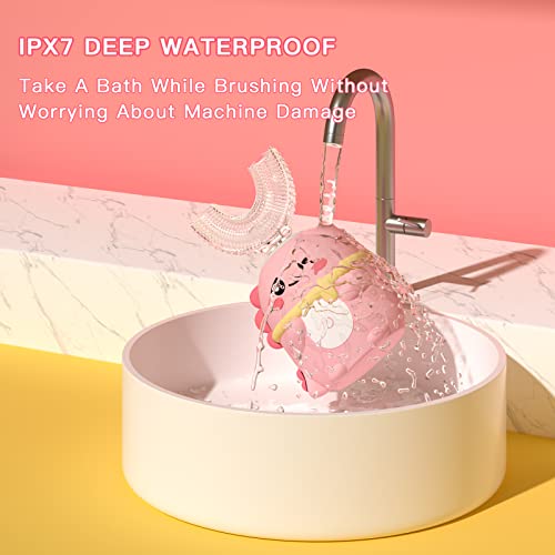 Kids Electric Toothbrush U Shaped Toddler Auto Sonic Toothbrushes with 5 Brush Head,Cartoon Dinosaur Ultrasonic Toothbrushes for Children 2-12 Years,360° Full Mouth Cleaning Automatic