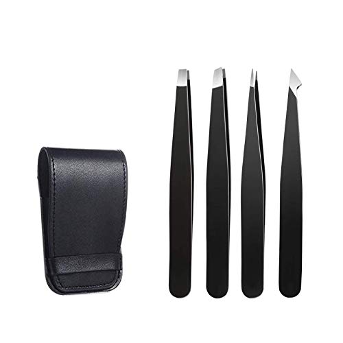 Tweezers Set,4 Piece Stainless Steel Flat, Angled, Pointed & Slant Tip Eyebrow Tweezer Set
