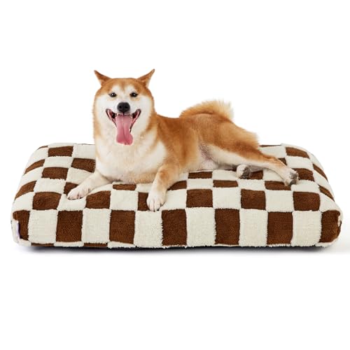 LE SURE Dog Beds Large Sized-Thick Shredded Chopped Foam Checkered Pet Bed as Gift for Indoor as Christmas Bed Gift with Removable Cover Cute Modern Fuzzy Plush & Anti Slip Bottom Brown