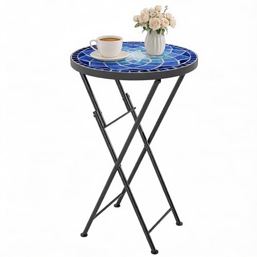 Table de jardin d'extérieur Outsunny Mosaic, table basse ronde pliante de 35,5 cm avec structure métallique pour balcon ou terrasse, bleu marine
