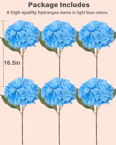 6PCS Premium Blue Silk Hydrangea Artificial Flowers Bouquets - Realistic Fake Hydrangea with Stems, Faux Flower Arrangement for Home Wedding Party Baby Shower Table Centerpieces Decoration - Image 3