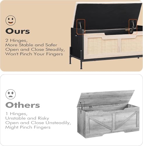 GAOMON 39.4" Storage Benches Rattan Entryway Bench with Cushion, 2 Safety Hinges, Storage Trunk, Shoe Bench Storage Chest for Entryway, Living Room, Bedroom, Oak & Black