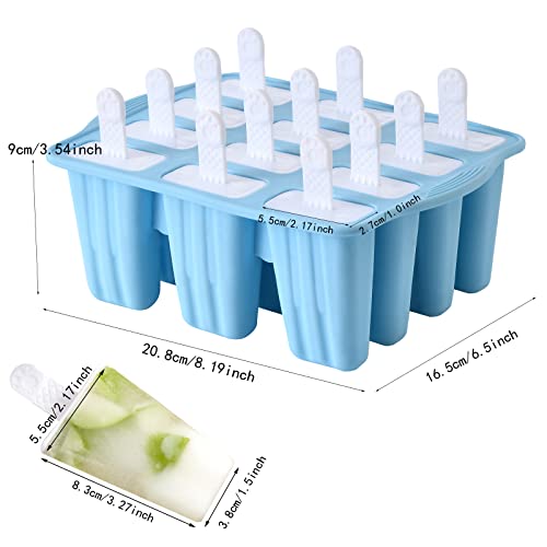 Popsicle Molds, 12 Pieces Silicone Ice Pop Molds Popsicle Mold Silicone BPA Free Reusable Sticks Easy Release Ice Pop Make (12 Cavities, Blue)