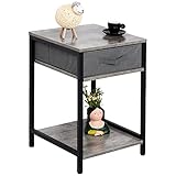 LESHUFAM Nightstand, Stone Grey Bedside Table with Drawer, End Table with 2 Storage Shelves, Fabric...