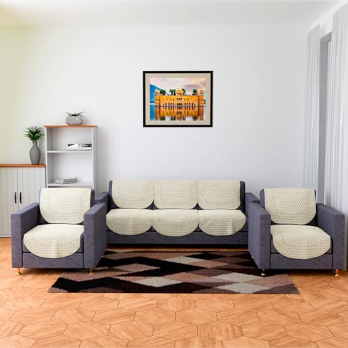 Image of Kuber Industries Sofa Cover Set | Net Slipcover for Living Room & Hall | 5-Seater Cream Dot Sofa Cover Set