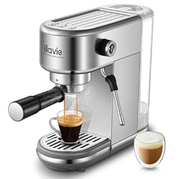 ILAVIE - Máquina de café expresso para casa, cafeteira de aço inoxidável de 20 bares, máquina de cappuccino compacta profissional para café com leite, com tanque de água desmontável de 40 onças,