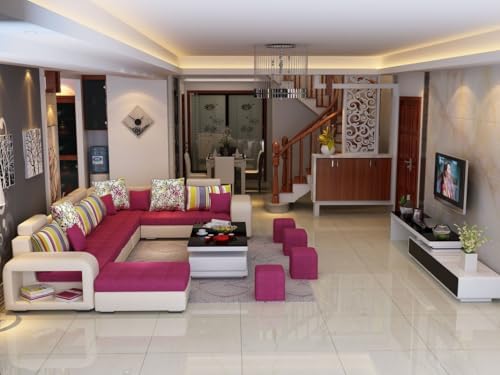 Image of Torque Allister 12 Seater Sofa Set for Living Room (Pink) | Interchangeable U Shape Sectional Sofa | Solid Wood Frame & High-Density Supersoft Foam | Includes Puffy & Stool | Modern Home Furniture