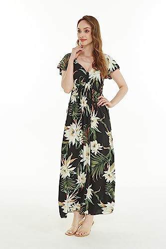 Image of Family Matching Hawaiian Clothes, Wispy Cereus Black | Lightweight 100% rayon • Family matching outfits • Tropical floral print • Beach vacations • Luaus • Cruises • Family photos