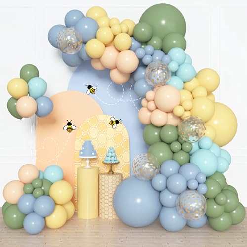 Image of Amandir 153pcs Blue and Yellow Sage Green Balloon Arch Kit Different Sizes | 18 12 10 5 inch Dusty Haze Blue Pastel Yellow Cream Gold Confetti Balloons for Birthday Party Bear Baby Shower Decorations