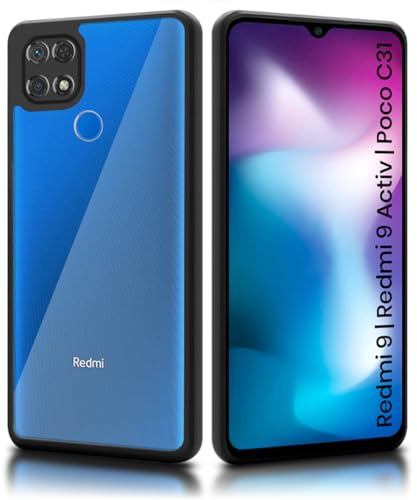 Image of WOW IMAGINE Shockproof Hybrid Back Cover for Redmi 9 | Redmi 9 Activ | Poco C31 | Hard Slim fit Back Case | PC & TPU | Clear Transparent Case - Black