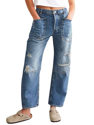 utcoco Women's 2024 Y2k Jeans Loose Straight Wide Leg Distressed Ripped Jeans with Pockets