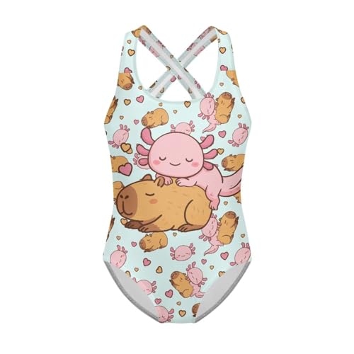 Image of Girls One Piece Swimsuit Axolotl Cross Back Straps Bathing Suit Lightweight Quick Dry Gymnastics Leotard