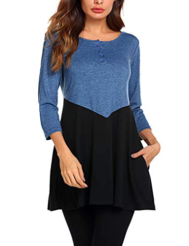 Tunic Shirts, Womens Henley Long Sleeve Crew Neck Flowy Pleated Fall Casual Loose Fitting Tops S Blue