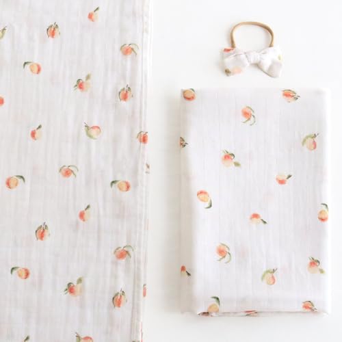 Image of LifeTree Baby Muslin Swaddle Blankets for Boys & Girls, Newborn Swaddle Set with Matching Headband Bow, Infant Blanket Wrap, 47 x 47 inches, Peach, 70% Viscose from Bamboo and 30% Cotton