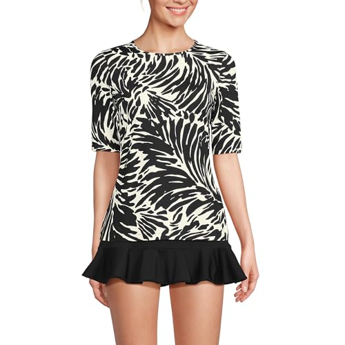 Lands' End Women's Sunshade UPF 50 Elbow Sleeve Relaxed Rash Guard X-Small Black/Egret White Leaf Scroll