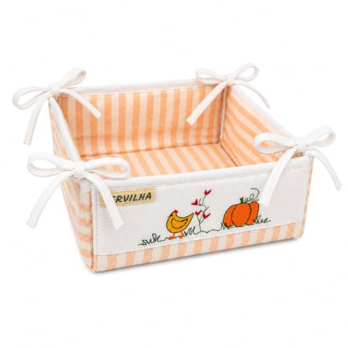 Ervilha Countryside Harvest Embroidered Bread Basket, Made in Portugal, Collapsible Tie-Corner Fabric Basket, Cotton Ble