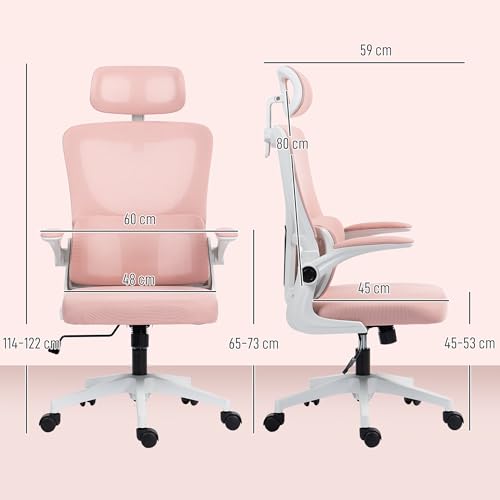 Sedia da Ufficio Ergonomica con Supporto Lombare, Braccioli Ribaltabili, Poggiatesta Regolabile, Poltrona Scrivania Girevole Inclinabile con Schienale Alto, Altezza Regolabile in Rete, Rosa - Sedia gaming - Immagine 2