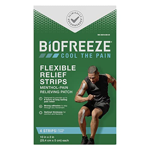 Biofreeze Pain Relief Flexible Relief Strips for Muscle, Joint, Arthritis, & Back Pain, Fast Acting, Long Lasting, & Powerful Topical Pain Reliever, 4 Strips (Pack of 1)