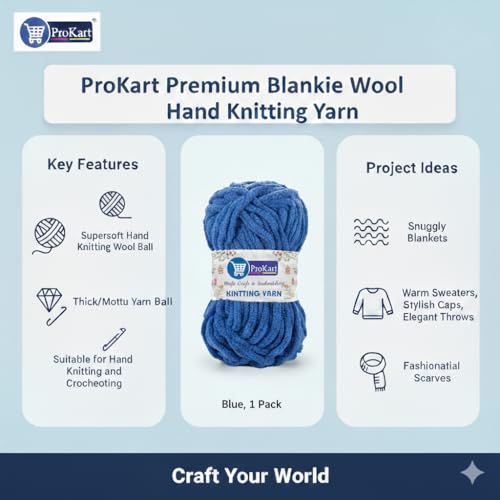 Image of ProKart Premium Blankie Wool, Plush & Cuddly, Chenille Yarn Supersoft Hand Knitting Wool Ball | Blanket Thick /Mottu Yarn Ball Suitable for Hand Knitting and Crocheting (Royal Blue, 100gms x 1 Pack)