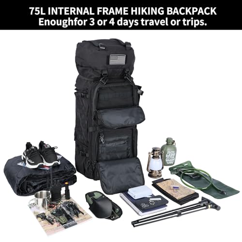 Zsearaymy Sac à dos de randonnée MOLLE 75 L avec cadre interne et housse de pluie pour tactique, camping, randonnée, voyage de survie (noir) – Image 4