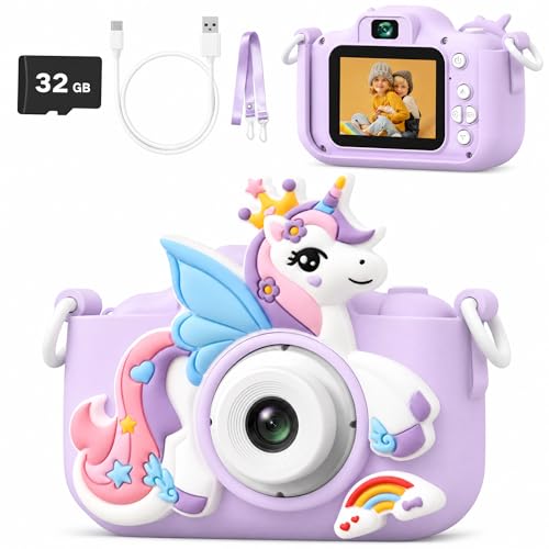 Image of Kids Camera Digital Camera for Age 3-8,1080P HD Video Selfie Toddler Camera with Soft Cover, Christmas Birthday Gifts for Kids - 32GB SD Card - Purple