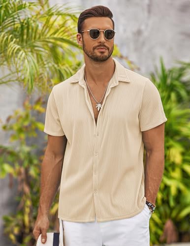 Chemise homme manches courtes décontractée sans repassage été beige