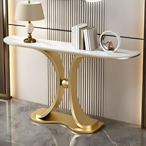 Mesas de sofá de consolas, (es: Mesa de consola ovalada moderna, mesa de entrada glam piedra/metal, mesa de entrada estrecha con superficie resistente a los arañazos para salón, pasillo, chimenea,