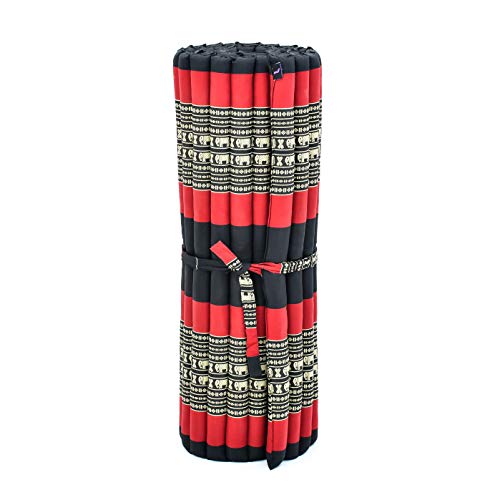 Image of Leewadee - Kapok Roll Mat - Handcrafted Folding Sleep & Relaxation Mattress from Thailand, Ideal as Guest Bed, Camping Mat, Yoga Mat or Traditional Futon, 75 x 39 inches, Black Red