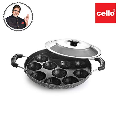 Cello NonStick 12 Cavity Grill Appam Patra with Stainless Steel Lid