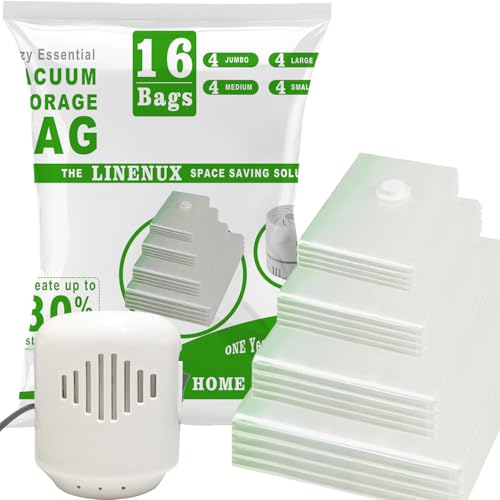 LINENUX 16-Pack Vacuum Storage Bags with Electric Pump - Premium Airtight Compression Organizer for Clothes Bedding & Pillows - Space Saver for Home & Travel - Reusable Water & Dust-Proof