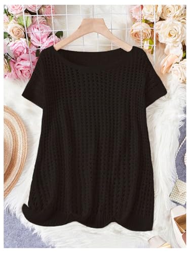 Verdusa Women's Hollow Out Sheer Knit Top Dolman Sleeve Pullover Cover Up3