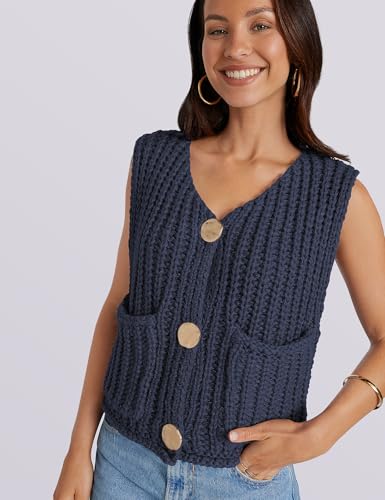 Image of UEU Womens Chunky Sweater Vest Button Down Sleeveless Cardigan V Neck Crop Crochet Knit Tops 2025 Fashion Trendy Clothes