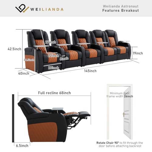 Image of Weilianda Home Theater Seating, Top Grain Leather Movie Theater Chair | Row of 5 Loveseat Right, Zero Gravity, Power Headrest, Tray Table, Electric Reclining Seat for Media Room