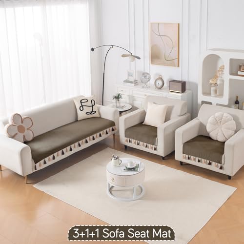 Image of HOKIPO 5 Seater Sofa Cover Mat with Tassel in 3+1+1 Configuration | Dyed Holland Velvet Fabric | 'TasselTone Series' | Coffee Brown (IN-1108+1104-CF*2)