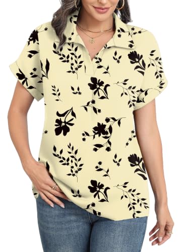 Askyes Plus Size Drop Short Sleeve for Women Blouses Summer V Neck Chiffon Dressy Casual Work Tops Shirts Black White Flo 3XL — view 2