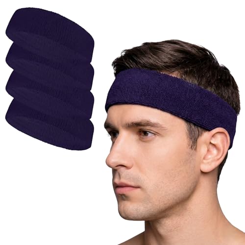 COUVER Terry Cloth Sports Headband 4 Pack, Dark Purple, One Size