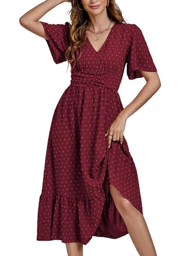 Image of LYANER Women's Boho Maxi Dress Long Sleeve V Neck Swiss Dot High Waited A-Line Ruffle Tiered Chiffon Long Dresses